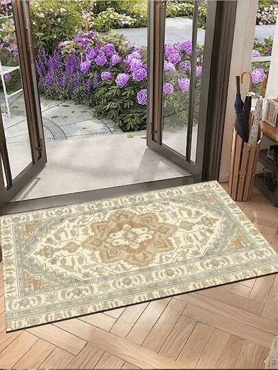 1pc Elegant Light Gold & Light Green Vintage Totem Pattern Doormat, Modern Farmhouse Absorbent Non-Slip Bath Mat, Outdoor Entrance Mat, Indoor Entrance Rug, Doorway Shoe Scraper Mat, Kitchen Rug, Decorative Carpet, Welcome Mat, Front Door Mat, Suitable For Hallway, Complementary To Living Room Carpet, Matching Bedroom Decor, Practical Kitchen Mat, Fits Bathroom Decor