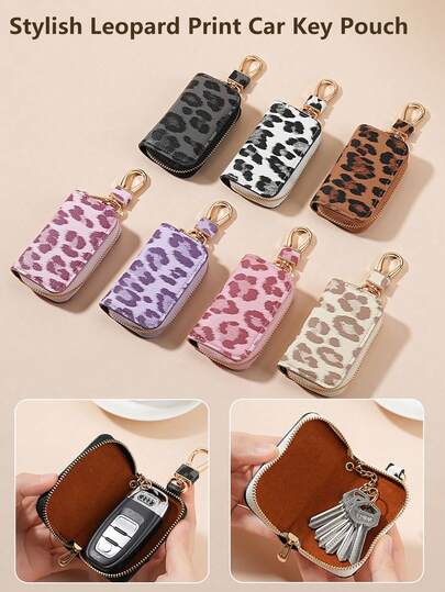 Leopard Print Large Capacity Waist Hanging Car Key Holder, PU Leather Key Pouch, Scratch-Resistant And Durable, Suitable For Home And Office Key Organization, Multi-Functional Key Wallet, Elegant Choice, Unisex Birthday, Christmas, Holiday Gift, Car Key Holder