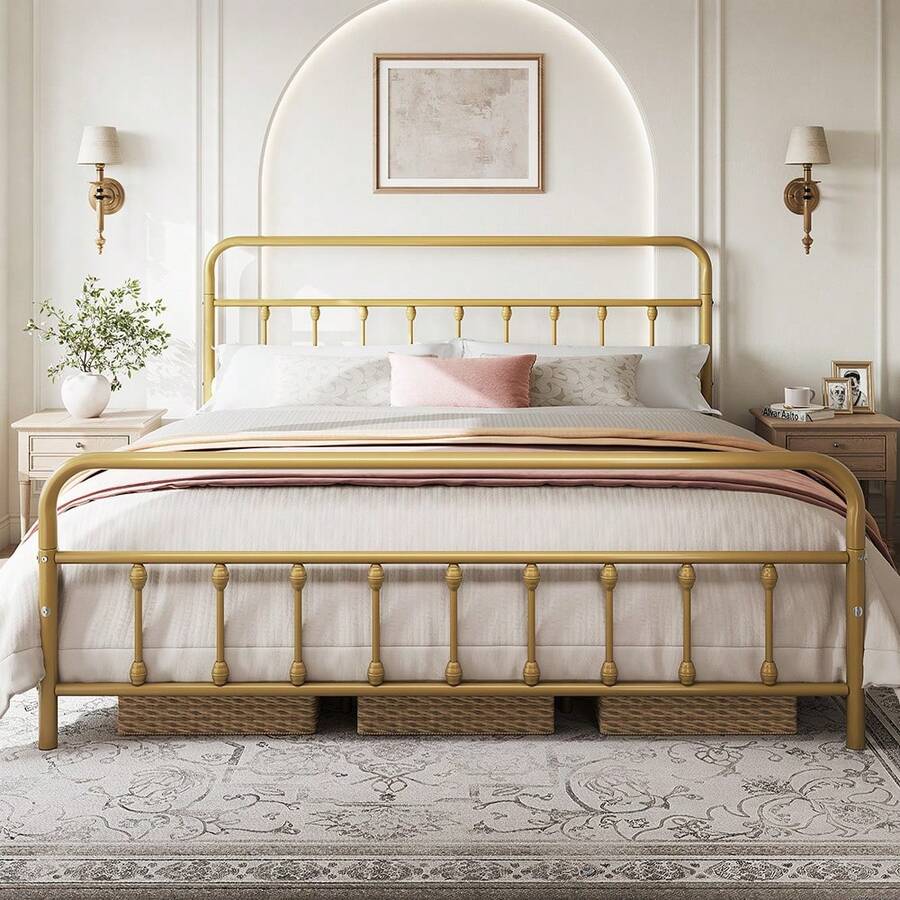 Butterslay Vintage Industrial Metal Platform Bed Frame - 12 Iron Slats Support, 12.6'' Underbed Storage & High Headboard/Footboard, No Box Spring Needed, Twin/Queen/King/Full - 古董金 - 查看 1