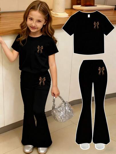 2ps/Set Girl's Short-Sleeve T-Shirt And Pants Set With Leopard Print And Bow Pattern, Suitable For Parties And Travel, Casual, Fashionable, And Girl's Clothing