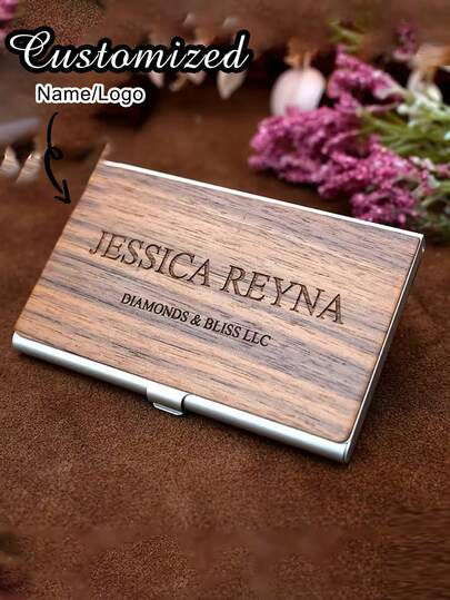 Customized Wooden Business Card Holder, Custom Engraved Walnut & Wood Business Card Holder,Personalized Engraved Card Box For Men And Women,Sleek Black & Wooden Design - Text Engraving, Golden Card Holder Wallet, Ideal Gift For Men, Birthday, Coworker, Or Professional Occasions, Personalized Name Card Holder