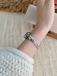 1pc Oval Bamboo Strap Women's Watch, Adjustable Gold-Tone Band, Elegant & Versatile Quartz Wristwatch, Suitable For Daily Wear, An Ideal Daily Accessory Gift - 銀色 - 查看 5