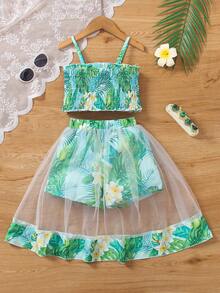 Bộ quần áo mùa hè cho bé gái, gồm áo hai dây in hình bướm và quần short phối lưới (2 món). - màu xanh lá - Xem 2