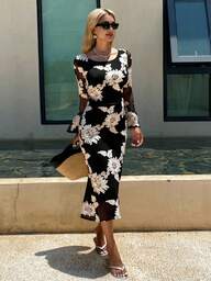 Livesso Vestido midi con mangas acampanadas y estampado floral elegante para mujeres, otoño