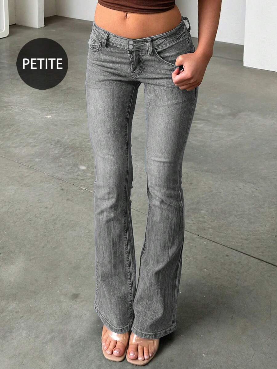Retro Elegant High Waist Button Slim Fit Low Waist Sexy Casual Washed Solid Color Jeans Spring ,Petite Women - Light Grey - View 1