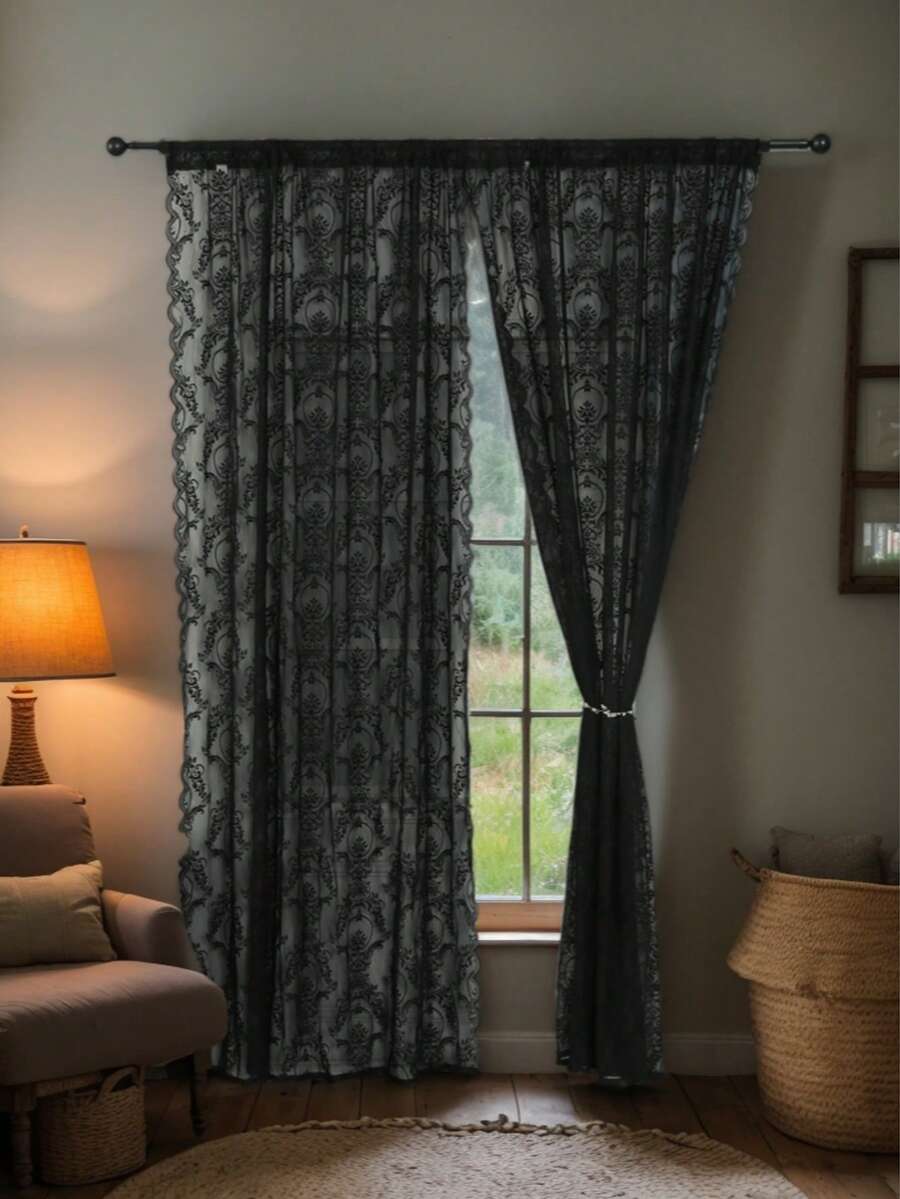 1 件精致花卉蕾丝窗帘,适用于客厅、卧室、厨房装饰 - 黑色 - 查看 1