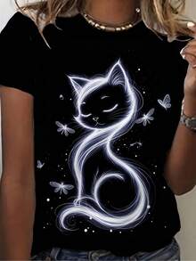 Men&Women's Elegant Cat Print T-Shirt - Stylish Black Crew Neck With Glowing White Cat & Butterflies Design, Soft Polyester Fabric, Perfect Casual Wear, Casual Wear Tee| Glowing Cat Print| Comfortable - 黑色 - 查看 2