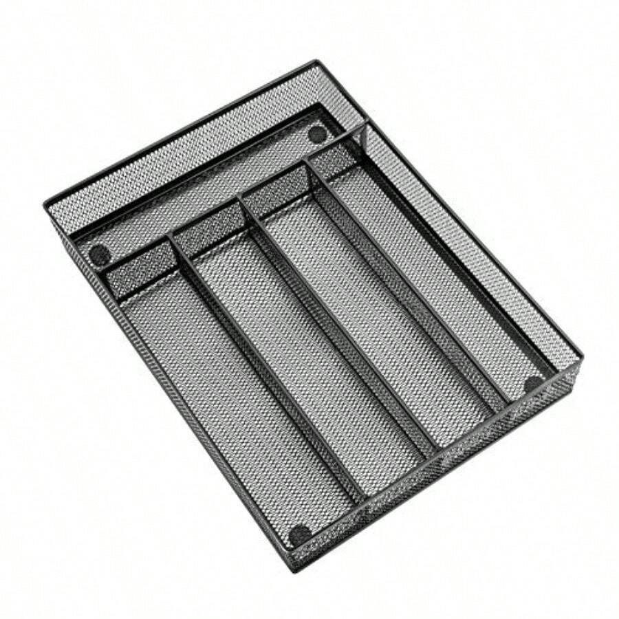 XZGB Utensil Drawer Organizer Mesh Wire Silverware Organizer Divider For Kitchen Stainless Steel Cutlery Flatware Storage Tray With Non-Slip Foam Feet 5 Compartment 12.5 X 9.2Inch Black - màu đen - Xem 1