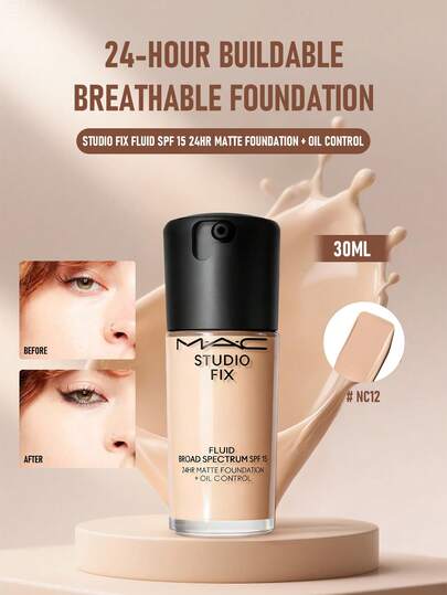  MAC Studio Fix Fluid SPF 15 24HR Matte Foundation + Oil Control #NC12 Color 30ml/1 Oz | Full-Coverage Foundation With A Natural Matte Finish | Long-Wearing Formula That Lasts Up To 24 Hours | Oil-Free, Non-Comedogenic, And Controls Shine | SPF 15 Protection To Shield Skin From Harmful UV Rays