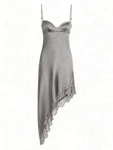 Women Lace Trim Cami Dress Slim Solid V Neck Spaghetti Strap Asymmetrical Babydoll Dress For Daily Party - Xám - Xem 5