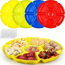 D4 Pcs Sectional Heavyweight Plastic Divided Plates Serving Trays With 40 Disposable Forks 10.6" 7 Section Round Chip Dip Plate Snack Food Platter For Nut  Veggie Fruit Bright Color - màu sắc tươi sáng - Xem 1