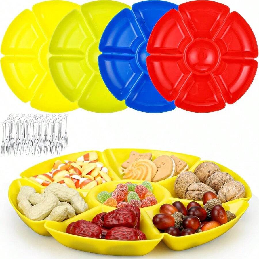 D4 Pcs Sectional Heavyweight Plastic Divided Plates Serving Trays With 40 Disposable Forks 10.6" 7 Section Round Chip Dip Plate Snack Food Platter For Nut Veggie Fruit Bright Color - màu sắc tươi sáng - Xem 1