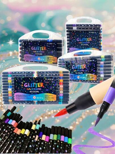 12/24/36 Colors Children Soft Tip Glitter Markers, Pearl Art Drawing DIY Brush, Student Hand Painting Highlighter Pens, School & Office Supplies, Christmas Decorative Gift