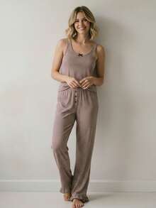 2Pcs Pajamas Sets for Women Sleeveless Bow Decor Striped Vest Tops with Elastic Waist Pants Loungewear - Marrón - Ver 4