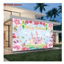 1 pieza Pancarta de fiesta de cumpleaños, hecha de material de poliéster, con mariposas rosas, flores y fondo de castillo, adecuada para decoración interior y exterior, decoración de fiesta de cumpleaños, decoración de fiesta y decoración de fondo fotográfico - Multicolor - Ver 4