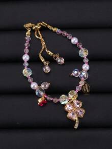 1条甜美粉色串珠心形花朵手链，时尚小众可调节女士手链 - 粉色 - 查看 6