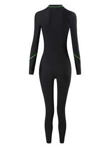 Solid Base Color Contrasting Slim Edge Long-Sleeved Zipper Sports Style One-Piece Swimsuit - Green - View 9