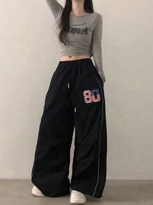 Vintage Flag Print Pleated Quick-Dry Paratrooper Pants For Women, Autumn Sports Wide Leg Jazz Dance Trousers - Black - View 5
