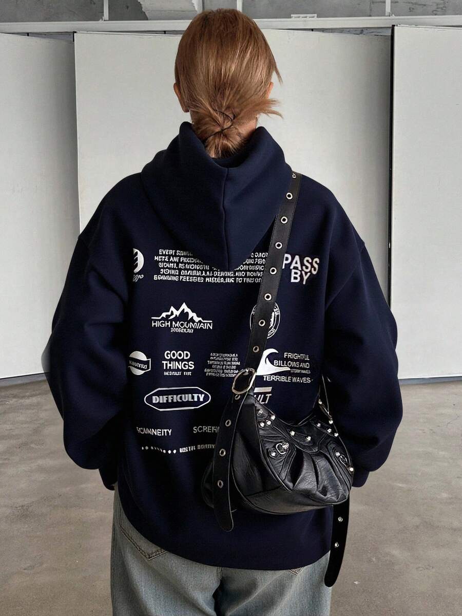 Livesso 秋季新款女士休闲宽松抓绒卫衣，长袖连帽衫，秋季女装 - 藍色 - 查看 1