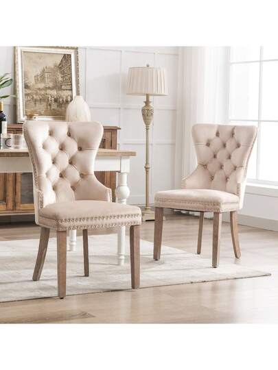 Dining Stoel (Kitchen Chair, Living Room Original Knocker On The Back, Set Of 2), Upholstered Nailhead Solid Wood Legs, Fluwelen Upholstery, Beige view 3