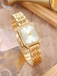 1pc Vintage Square Women's Watch, Stainless Steel Band, Quartz Movement, Minimalist & Elegant Design, Suitable For Students - Gold - View 8
