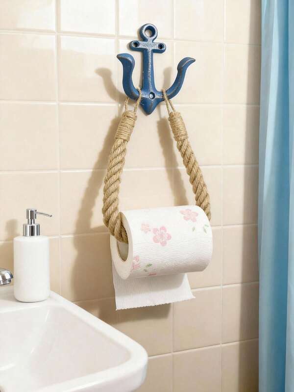 Vintage Nautical Rack, Rustic Iron Wall-Mounted Retro Nautical Rope Toilet Paper Holder With Jute Towel Ring And Metal Anchor Hook, Coastal Beach Themed Decor, Suitable For Bathroom And Kitchen Storage Bathroom Accessories Bathroom Tools