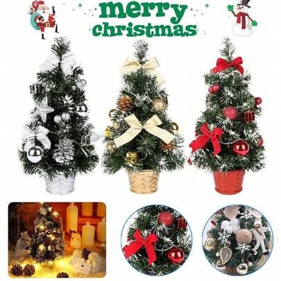 Artificial Christmas Tree, 40cm Tabletop Xmas Tree Artificial Mini Christmas Pine Tree With LED String Lights & Ornaments Small Artificial Xmas Tree With Stand For Christmas Decoration