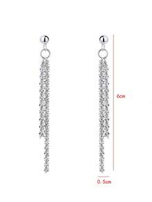 Rhinestone Tassel Drop Earrings - Silver - View 3