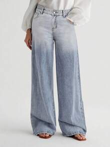 Calça Jeans Casual Feminino de Perna Larga, com Zíper e Bolsos com Botão, Comprimento Total, Tecido Sem Elasticidade - Azul - Visão 4