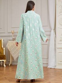 Vestido largo de jalabiya con bordado, tejido, flecos y aplicaciones de lentejuelas, nuevo para mujeres en Ramadán - Verde - Ver 2