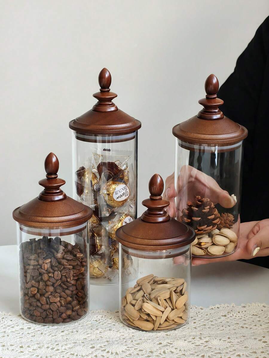 1pc Minimalist High-End Practical Wooden Bowl Lid Sealed Jar, Grains & Cereals Storage Canister, Snacks, Tea, Coffee Food Container, Portable Divider Bottle - Multicolor - View 1