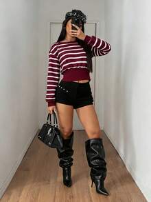 بلوزة كروب بأكمام فانوس وياقة طاقم، بتصميم عصري من النمط Y2K، بلون أحمر مع تصميم شريطي ملون، مناسبة لمناسبات عيد الحب، عيد الميلاد، وحفلات رأس السنة