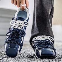 Zapatillas deportivas casuales de estilo retro de color azul y beige con diseño de bloques de color, puntera redonda con cordones, zapatos tipo mocasín para uso unisex - Azul - Ver 4