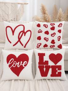 1pc/2pcs Valentine's Day Cushion Cover, Heart Plush Embroidery Canvas, Living Room Sofa Wedding Decor Holiday Gift - Red - View 2