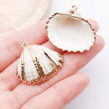 2个贝壳吊坠，散装贝壳吊坠，大号镀金天然白色海螺贝壳，海洋沙滩吊坠，用于珠宝制作，女士DIY项链耳环工艺品