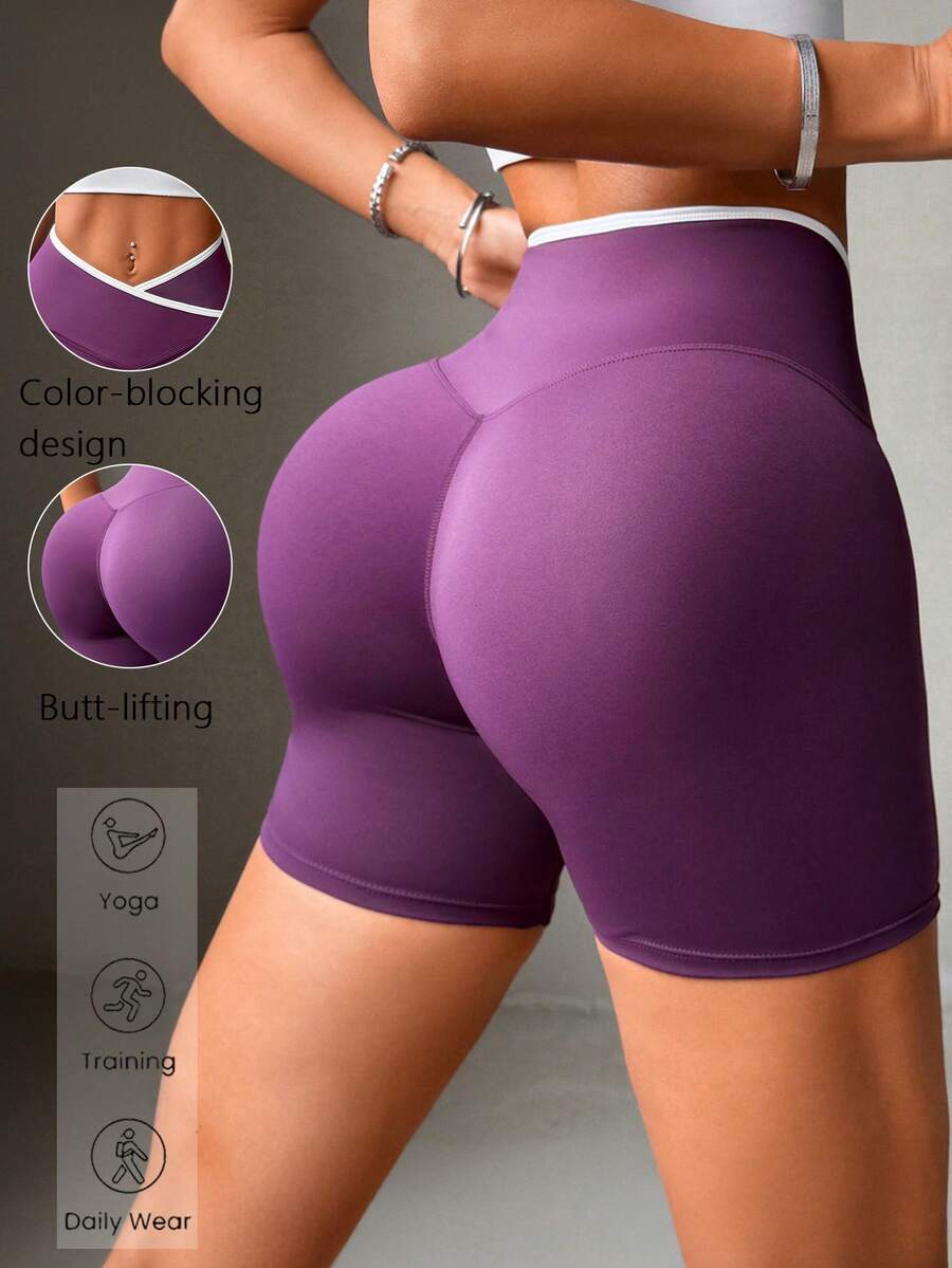 Aoqta Sports Women's Shorts Spring Outfit Casual Color Collision Splicing Cross High Waist Tight-Fitting Hip Yoga Shorts Gym Wear For Sports Fitness Running Yoga