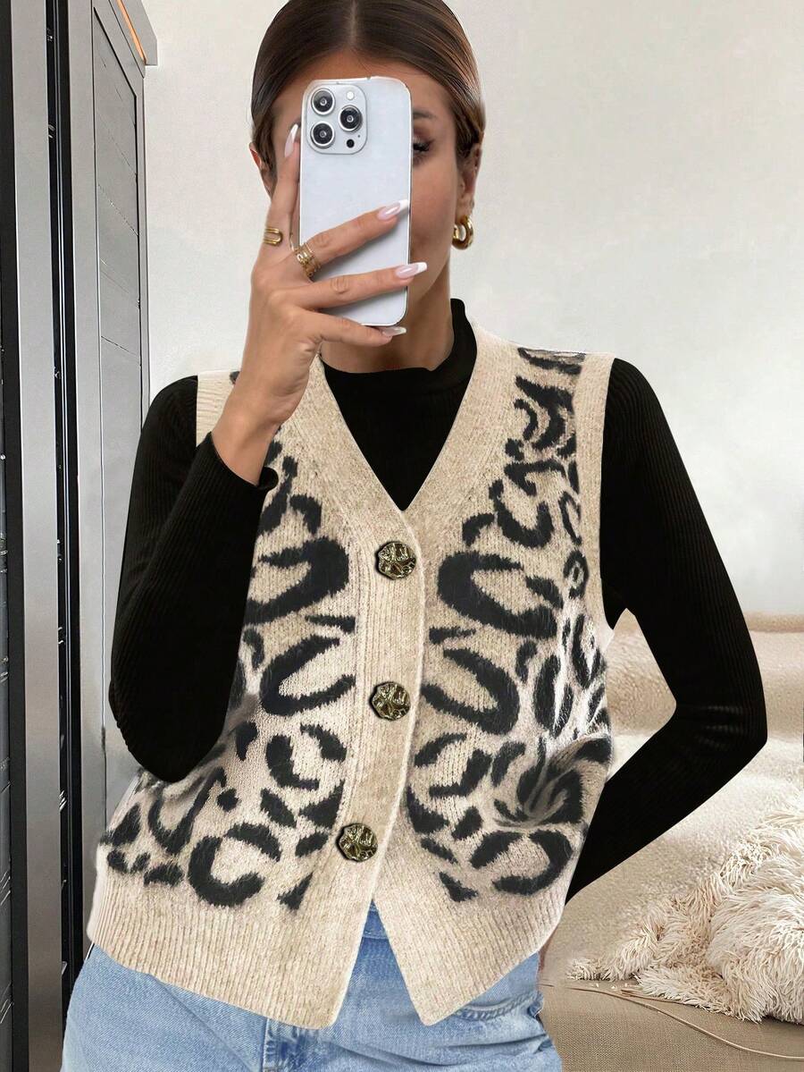 Women's Spring Knitted Vest Cardigan, Fashion Minimalist Business Casual Commute Elegant Vacation Warm High-End Versatile Slimming Victory Day Cute Top Korean Style - Light Apricot Color - View 1