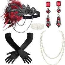 1920 年代轻佻女郎全套！羽毛水钻头饰 + 几何水钻耳环 + 仿珍珠项链 + 白手套，沉浸式复古爵士派对魅力万圣节