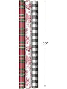 - Papel de regalo de Navidad reversible (3 rollos: 120 m2 ft. ttl) Merry Holidays, copos de nieve, muñecos de nieve, rayas rojas V4NO - Red Toile, Black Buffalo Plaid, Navidad, manualidades - Ver 5