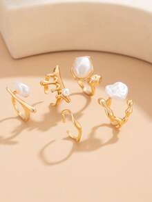 5件套复洛克风格仿珍珠不对称镂空珍珠叠戴戒指套装，优雅时尚女士首饰 - 金黃色 - 查看 8