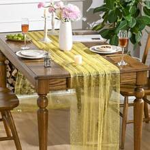 Light Yellow Gold Gauze Table Runner 120 Inch 10FT, Glitter Metallic Foil Sheer Dining Wedding Anniversary Holiday Birthday Table Decor For Home Party,28inchx120inch,Yellow - Màu vàng - Xem 4