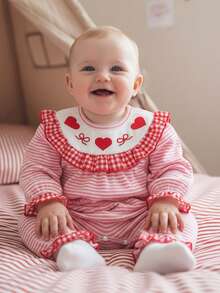 Mono para niña, manga larga, cuello redondo, rayas, bordado, lazo, corazón, ropa informal - Rojo - Ver 2