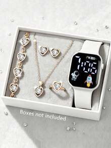 6/1pc Girls Cartoon Heart-Shaped Square Digital Watch + Necklace Bracelet Earrings Ring Jewelry Set Halloween Gift Christmas Gift Birthday Gift