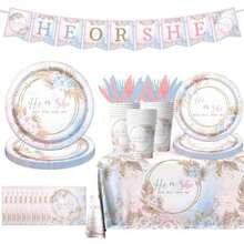 Suministros de fiesta de neón, 142 piezas de decoraciones de fiesta que dejan brillar incluyendo platos de papel desechables, tazas, manteles, decoración temática que brilla en la oscuridad para(Revelación de género) - Multicolor - Ver 1
