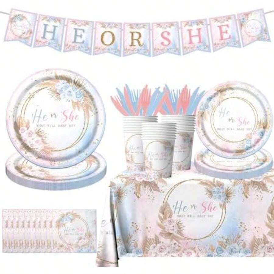 Suministros de fiesta de neón, 142 piezas de decoraciones de fiesta que dejan brillar incluyendo platos de papel desechables, tazas, manteles, decoración temática que brilla en la oscuridad para(Revelación de género) - Multicolor - Ver 1