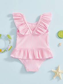 Traje de baño para niña pequeña, con estampado de rayas, volantes, sin mangas, falda, traje de baño para bebé - Rosa - Ver 2