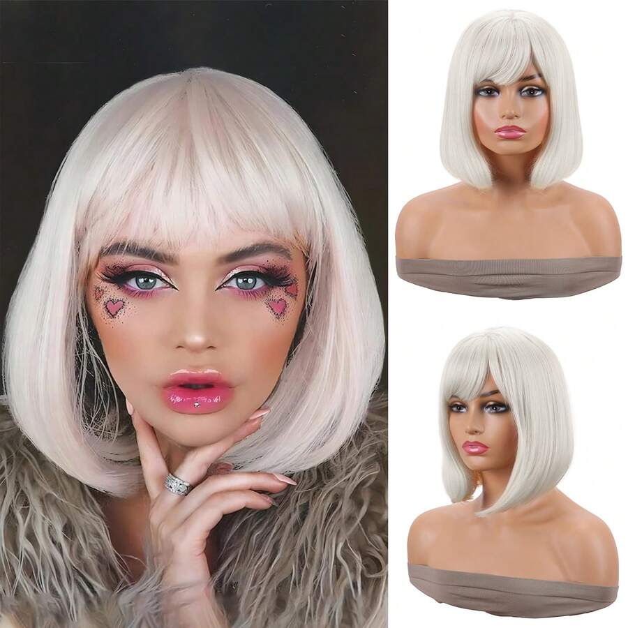DZfirst Bob Wig Short Straight Grey Wig For Woman 12inch Daily Party Cosplay Lolita Wig Natural Synthetic Bob Wig With Bangs Heat Resistant Fiber - Light Grey - View 1
