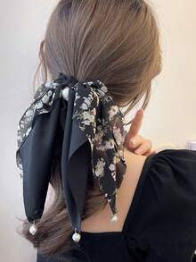 1pc Women Floral Print Faux Pearl Decor Fashion Scarf Hair Tie For Hair Decoration Elegant Scrunchies Hair Ties Ponytail Head Accessories Elastic Band - Multicolor - View 5