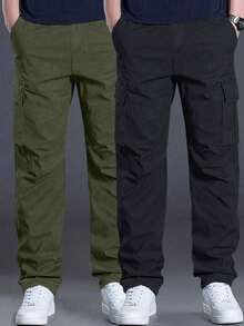 2pcs Teen Boys' Casual Sports Outdoor Big Pockets Solid Color Simple Straight Leg Cargo Pants, Spring/Autumn - Black - View 1