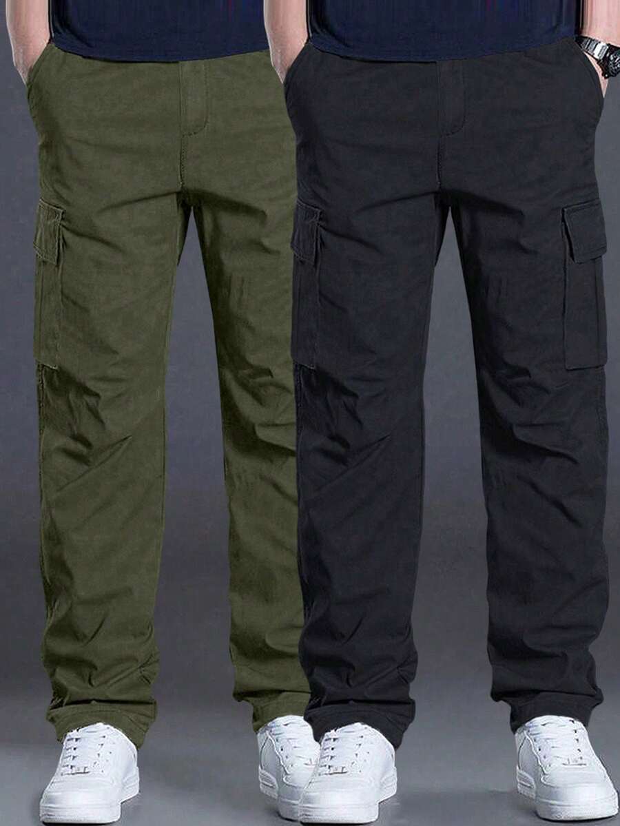2pcs Teen Boys' Casual Sports Outdoor Big Pockets Solid Color Simple Straight Leg Cargo Pants, Spring/Autumn - Black - View 1